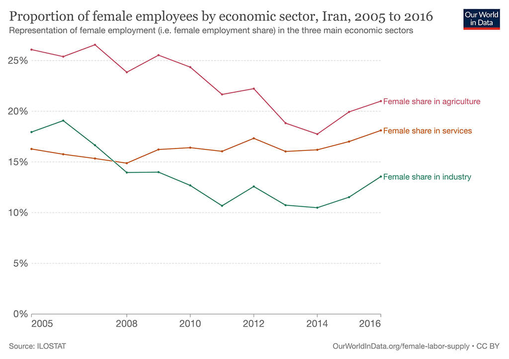 سهم زن شاغل در بخش‌های اقتصادی ایران (۲۰۱۶-۲۰۰۵)